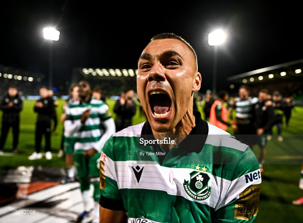 12 October 2026; Graham Burke of Shamrock Rovers celebrates after the SSE Airtricity Men's Premier Division match between Shamrock Rovers and Bohemians at Tallaght Stadium in Dublin. Photo by Tyler Miller/Sportsfile