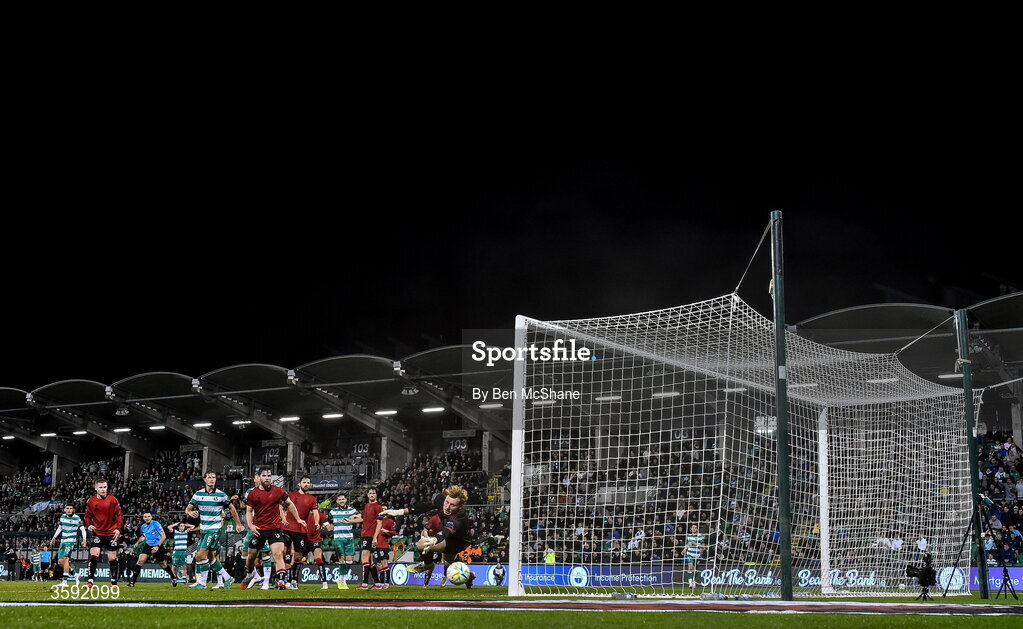 12 October 2026; Bohemians goalkeeper Paul Walters is beaten by the shot of Dylan Watts of Shamrock Rovers, not pictured, to concede his sides second goal during the SSE Airtricity Men's Premier Division match between Shamrock Rovers and Bohemians at Tallaght Stadium in Dublin. Photo by Ben McShane/Sportsfile