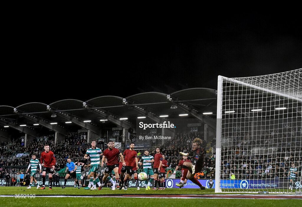 12 October 2026; Bohemians goalkeeper Paul Walters is beaten by the shot of Dylan Watts of Shamrock Rovers, not pictured, to concede his sides second goal during the SSE Airtricity Men's Premier Division match between Shamrock Rovers and Bohemians at Tallaght Stadium in Dublin. Photo by Ben McShane/Sportsfile