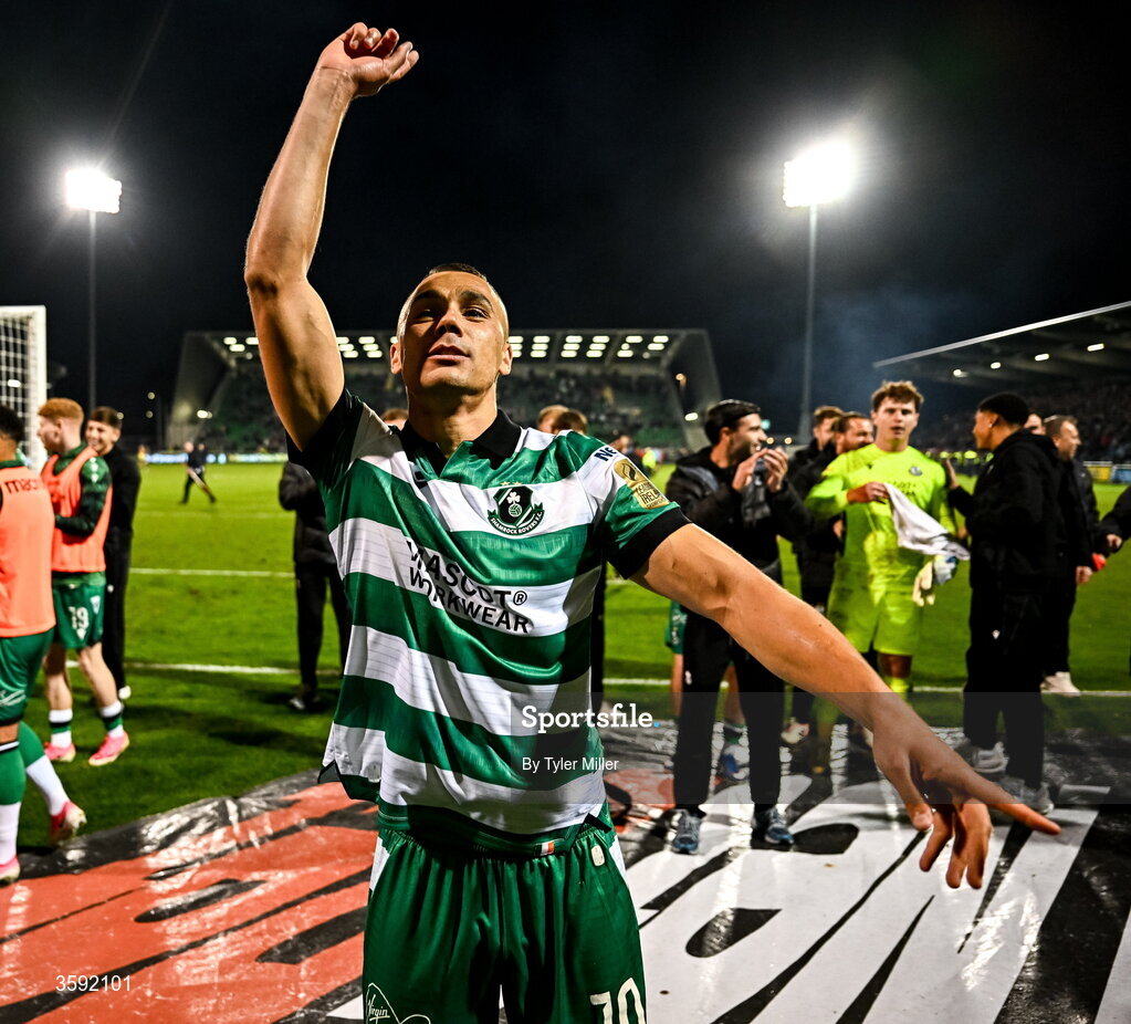 12 October 2026; Graham Burke of Shamrock Rovers celebrates after the SSE Airtricity Men's Premier Division match between Shamrock Rovers and Bohemians at Tallaght Stadium in Dublin. Photo by Tyler Miller/Sportsfile