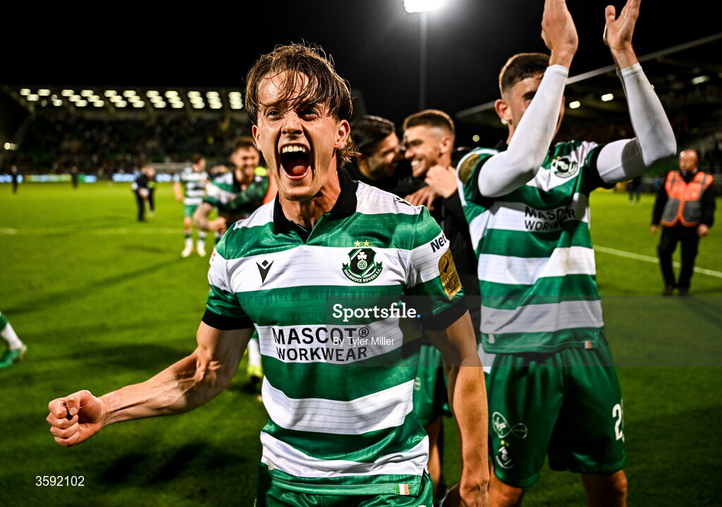 12 October 2026; John McGovern of Shamrock Rovers celebrates after the SSE Airtricity Men's Premier Division match between Shamrock Rovers and Bohemians at Tallaght Stadium in Dublin. Photo by Tyler Miller/Sportsfile