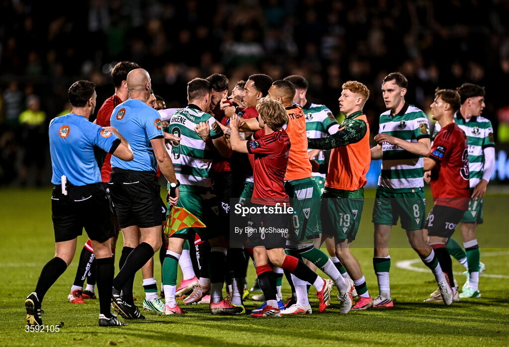 12 October 2026; Players from both sides tussle after the final whistle during the SSE Airtricity Men's Premier Division match between Shamrock Rovers and Bohemians at Tallaght Stadium in Dublin. Photo by Ben McShane/Sportsfile