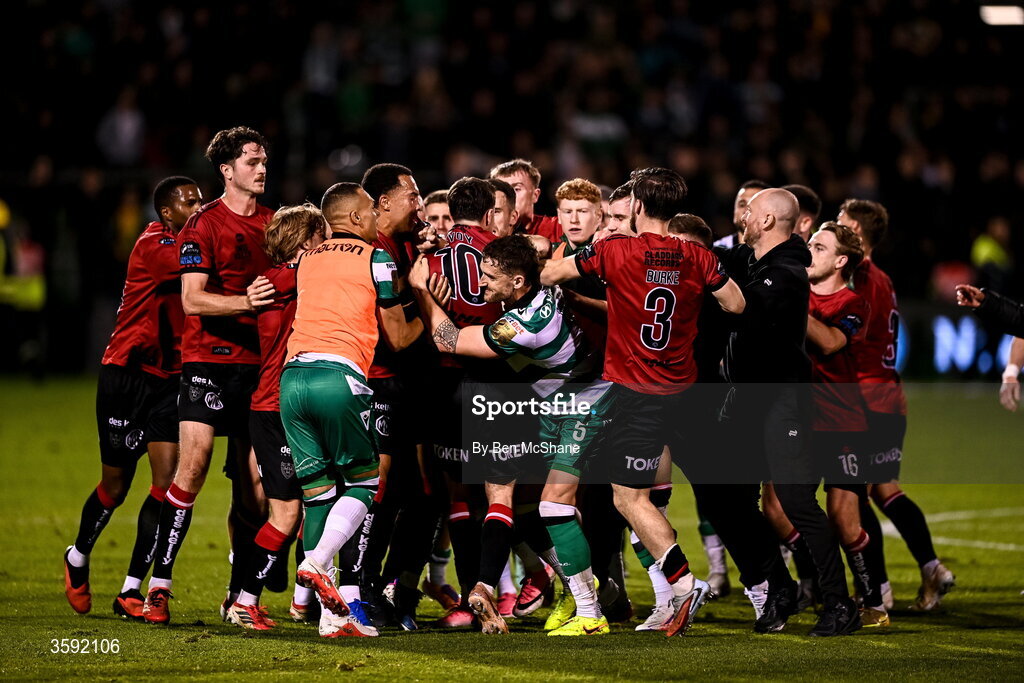 12 October 2026; Graham Burke and Lee Grace of Shamrock Rovers restrain Dawson Devoy of Bohemians after the final whistle during the SSE Airtricity Men's Premier Division match between Shamrock Rovers and Bohemians at Tallaght Stadium in Dublin. Photo by Ben McShane/Sportsfile