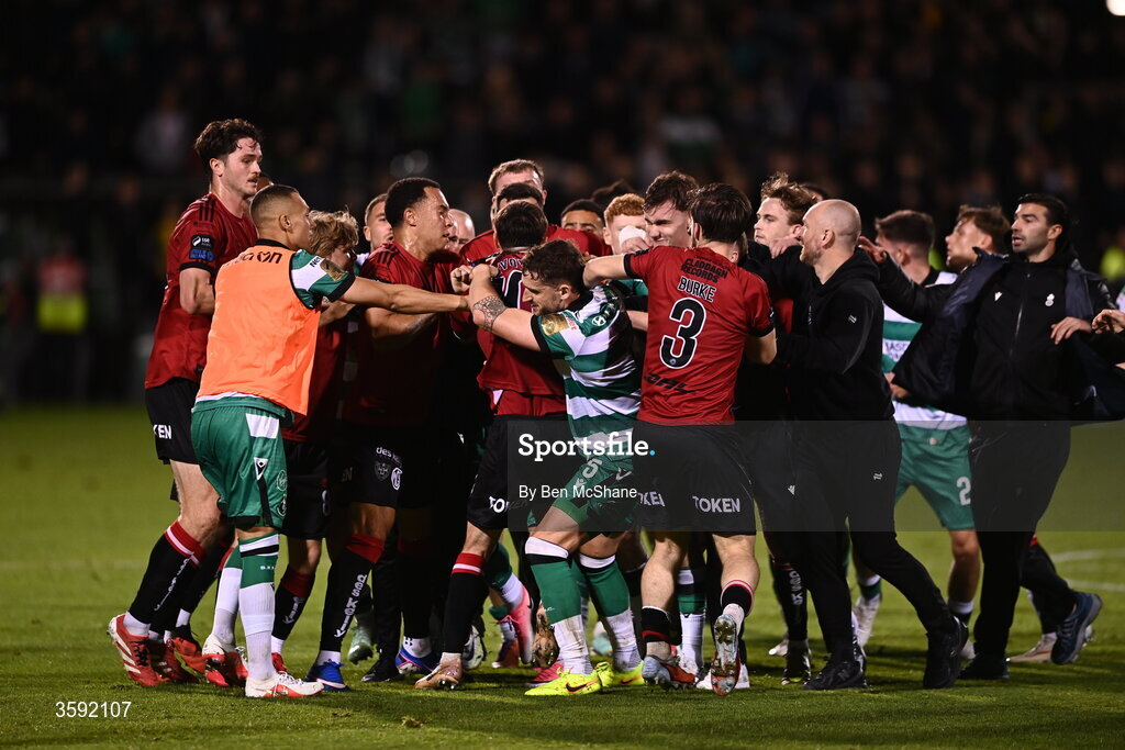 12 October 2026; Players from both sides tussle after the SSE Airtricity Men's Premier Division match between Shamrock Rovers and Bohemians at Tallaght Stadium in Dublin. Photo by Ben McShane/Sportsfile