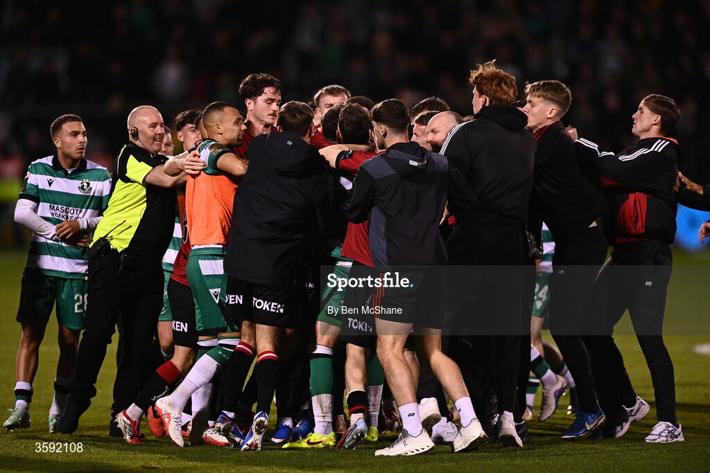 12 October 2026; Players from both sides tussle after the SSE Airtricity Men's Premier Division match between Shamrock Rovers and Bohemians at Tallaght Stadium in Dublin. Photo by Ben McShane/Sportsfile