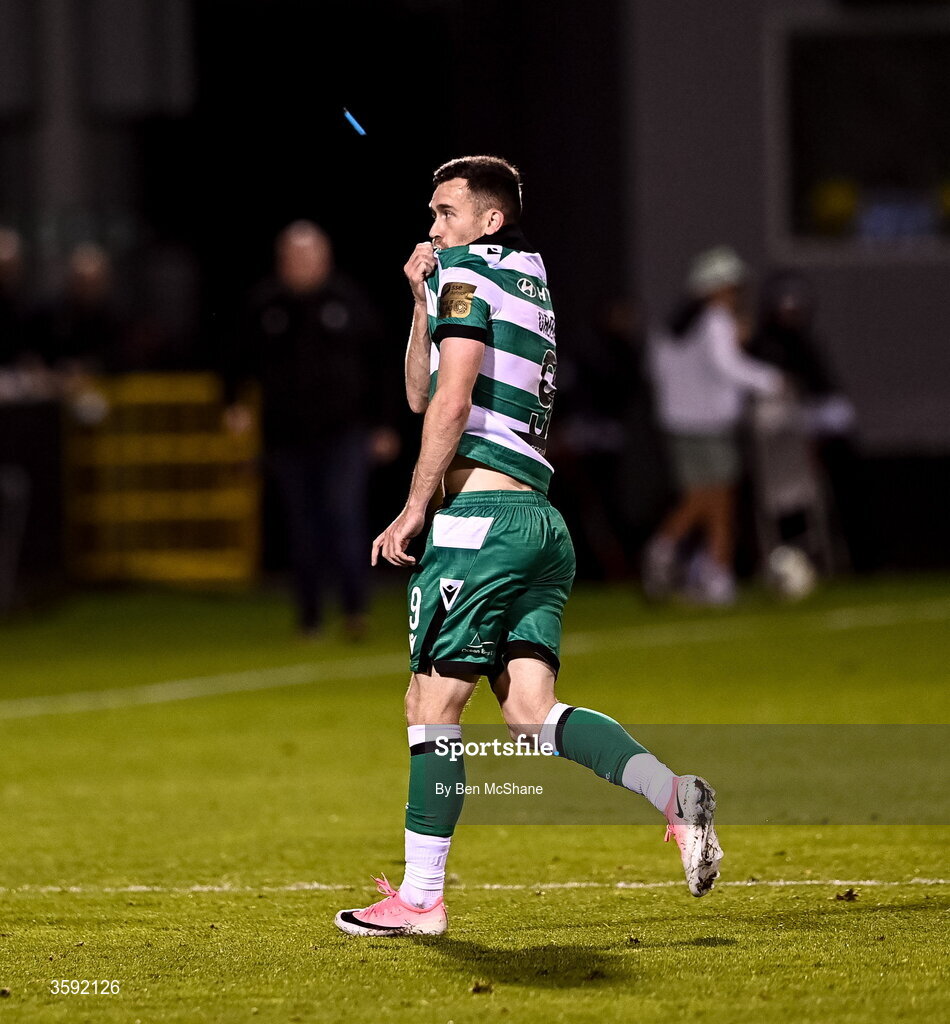 12 October 2026; Aaron Greene of Shamrock Rovers celebrates while avoiding a projectile after the SSE Airtricity Men's Premier Division match between Shamrock Rovers and Bohemians at Tallaght Stadium in Dublin. Photo by Ben McShane/Sportsfile