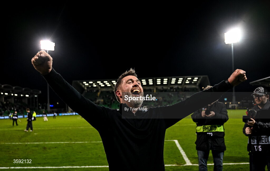 12 October 2026; Shamrock Rovers manager Stephen Bradley celebrates after the SSE Airtricity Men's Premier Division match between Shamrock Rovers and Bohemians at Tallaght Stadium in Dublin. Photo by Tyler Miller/Sportsfile