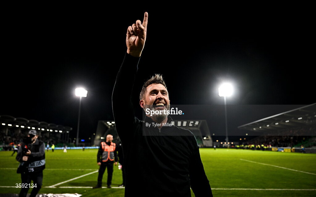 12 October 2026; Shamrock Rovers manager Stephen Bradley celebrates after the SSE Airtricity Men's Premier Division match between Shamrock Rovers and Bohemians at Tallaght Stadium in Dublin. Photo by Tyler Miller/Sportsfile