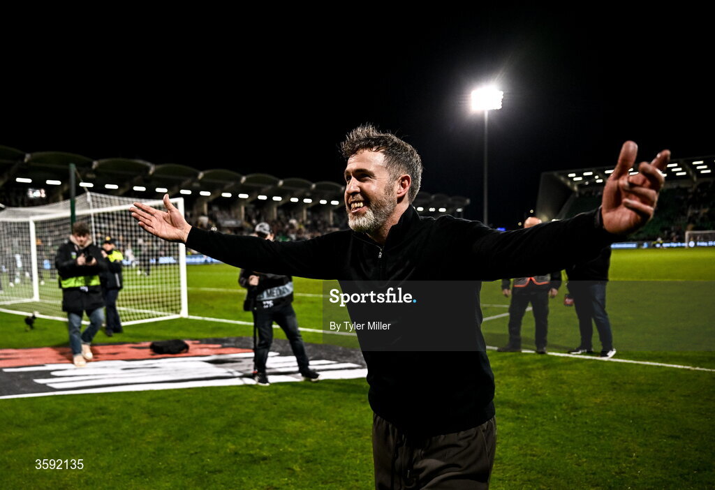12 October 2026; Shamrock Rovers manager Stephen Bradley celebrates after the SSE Airtricity Men's Premier Division match between Shamrock Rovers and Bohemians at Tallaght Stadium in Dublin. Photo by Tyler Miller/Sportsfile