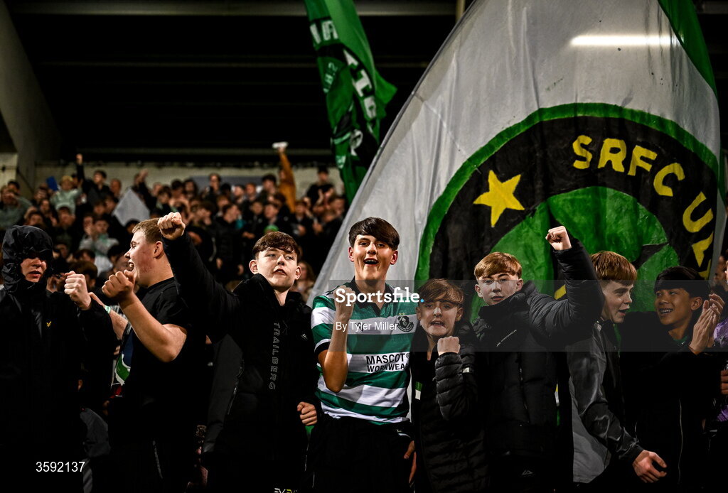 12 October 2026; Shamrock Rovers supporters celebrate after the SSE Airtricity Men's Premier Division match between Shamrock Rovers and Bohemians at Tallaght Stadium in Dublin. Photo by Tyler Miller/Sportsfile