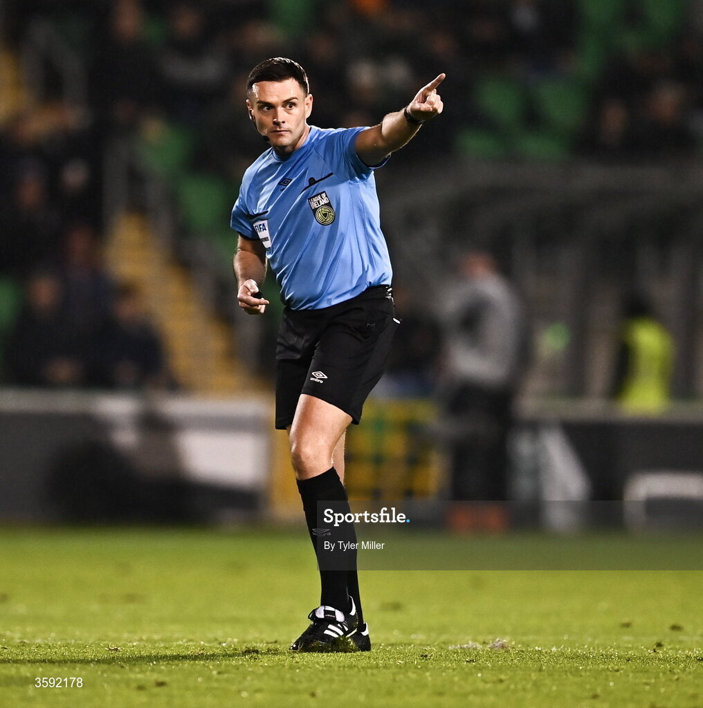 12 October 2026; Referee Rob Hennessy during the SSE Airtricity Men's Premier Division match between Shamrock Rovers and Bohemians at Tallaght Stadium in Dublin. Photo by Tyler Miller/Sportsfile