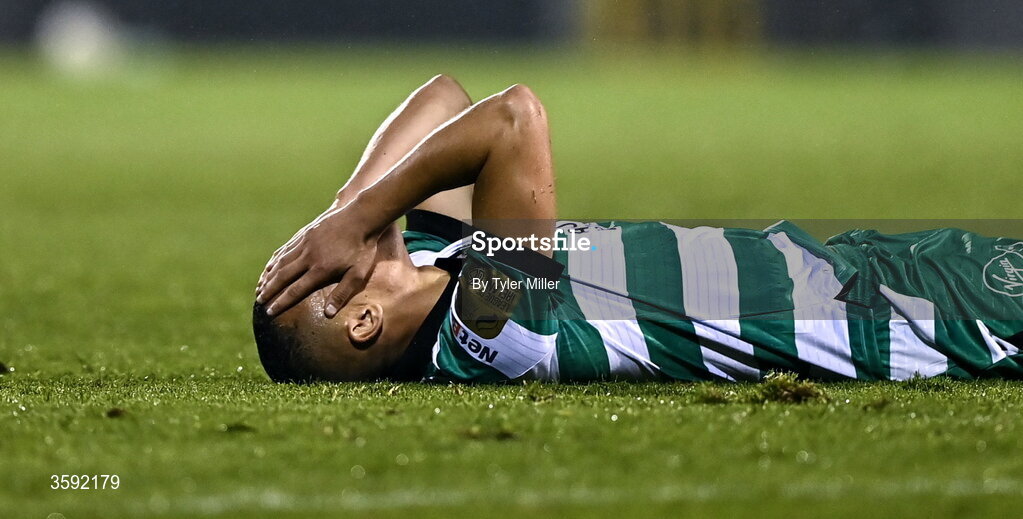 12 October 2026; Graham Burke of Shamrock Rovers reacts during the SSE Airtricity Men's Premier Division match between Shamrock Rovers and Bohemians at Tallaght Stadium in Dublin. Photo by Tyler Miller/Sportsfile