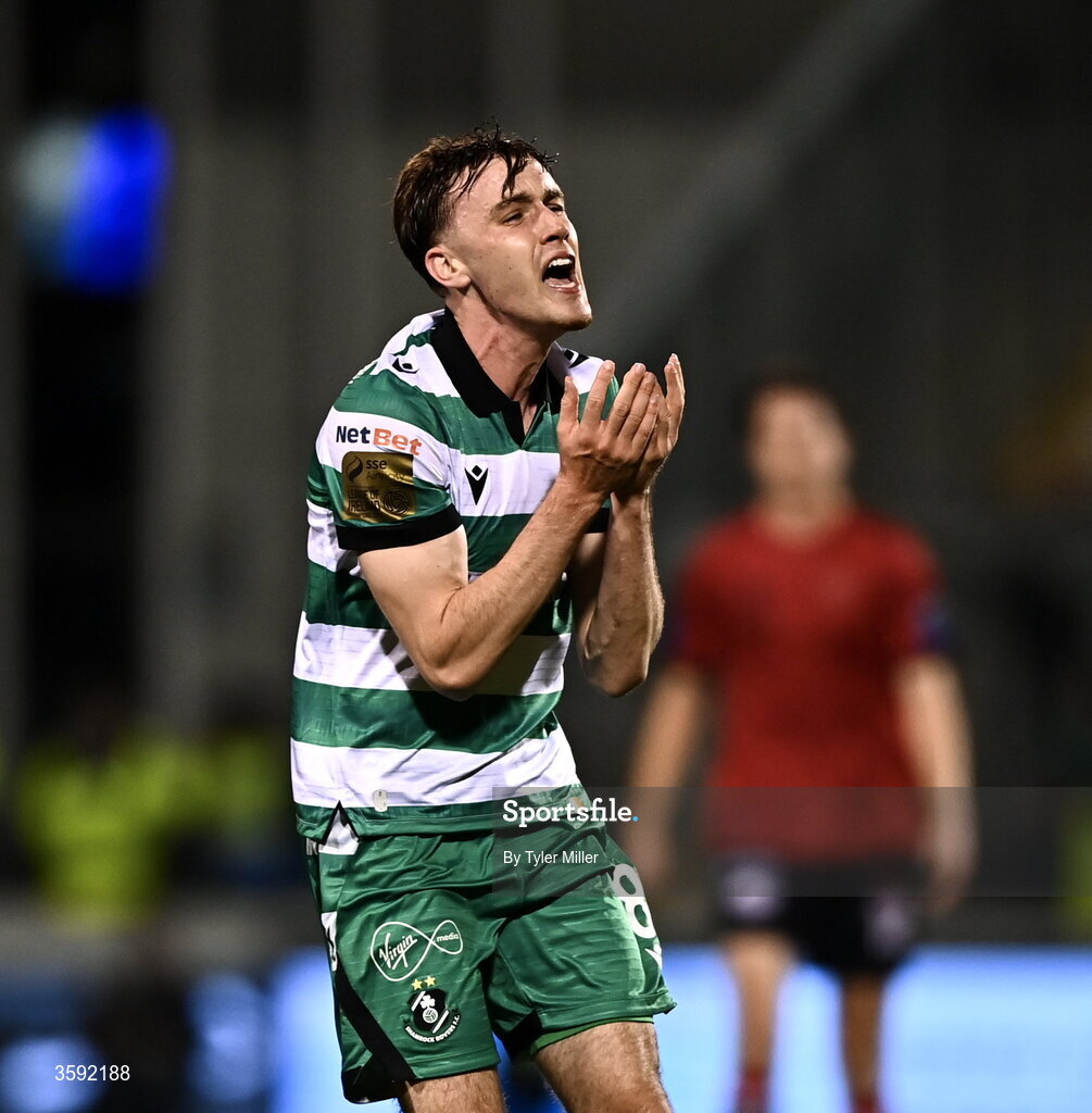 12 October 2026; Matt Healy of Shamrock Rovers reacts during the SSE Airtricity Men's Premier Division match between Shamrock Rovers and Bohemians at Tallaght Stadium in Dublin. Photo by Tyler Miller/Sportsfile