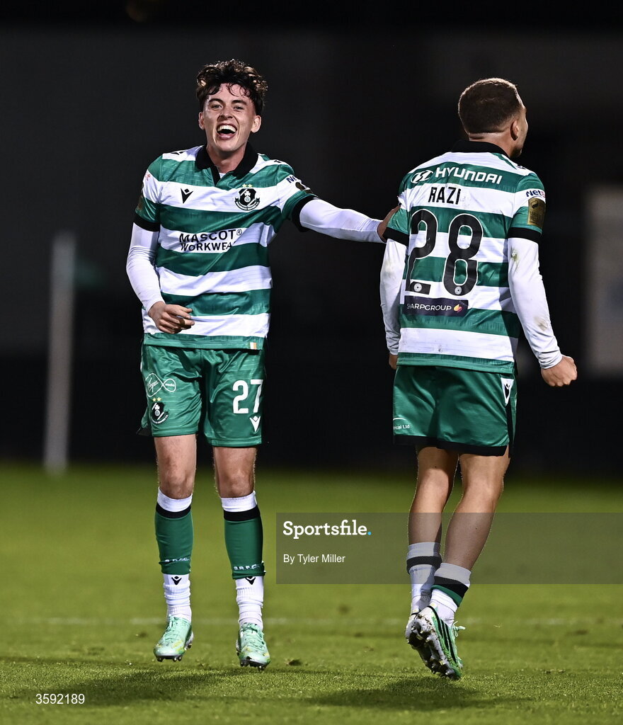 12 October 2026; Cory O'Sullivan, left, and Naj Razi of Shamrock Rovers after the SSE Airtricity Men's Premier Division match between Shamrock Rovers and Bohemians at Tallaght Stadium in Dublin. Photo by Tyler Miller/Sportsfile