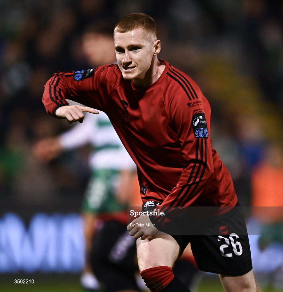 12 October 2026; Ross Tierney of Bohemians celebrates after scoring his side's first goal during the SSE Airtricity Men's Premier Division match between Shamrock Rovers and Bohemians at Tallaght Stadium in Dublin. Photo by Tyler Miller/Sportsfile