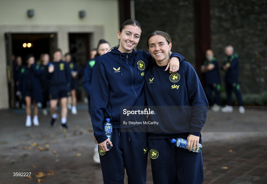 13 October 2026; Republic of Ireland's Abbie Larkin and Shanade Hopcroft, right, during a pre-match team walk near their hotel before the 2027 FIFA Women’s World Cup qualifying round 1 play-off second leg match between Republic of Ireland and Kazakhstan at SuperValu Páirc Uí Chaoimh in Cork. Photo by Stephen McCarthy/Sportsfile