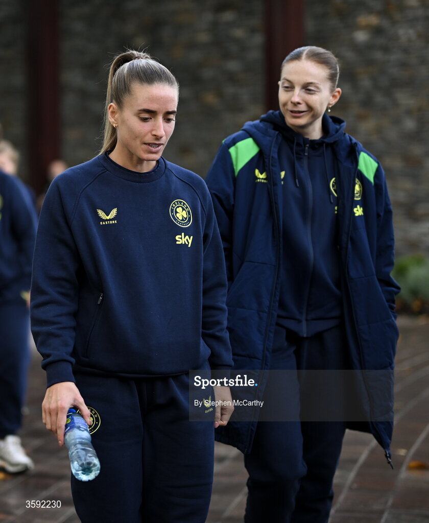 13 October 2026; Republic of Ireland's Chloe Mustaki and Hayley Nolan, right, during a pre-match team walk near their hotel before the 2027 FIFA Women’s World Cup qualifying round 1 play-off second leg match between Republic of Ireland and Kazakhstan at SuperValu Páirc Uí Chaoimh in Cork. Photo by Stephen McCarthy/Sportsfile