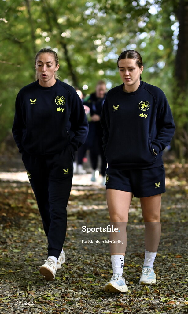 13 October 2026; Republic of Ireland's Megan Connolly, left, and Tyler Toland during a pre-match team walk near their hotel before the 2027 FIFA Women’s World Cup qualifying round 1 play-off second leg match between Republic of Ireland and Kazakhstan at SuperValu Páirc Uí Chaoimh in Cork. Photo by Stephen McCarthy/Sportsfile