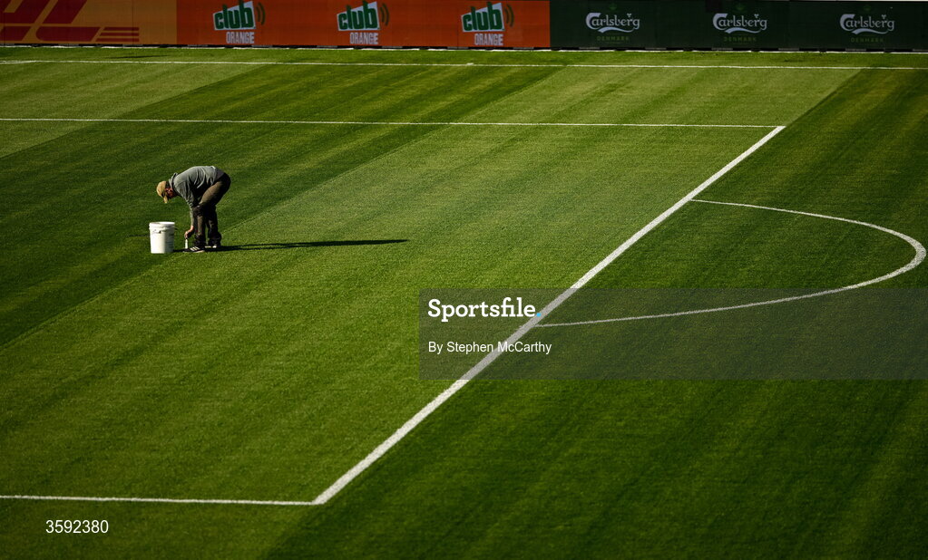 13 October 2026; A groundsman paints the penalty spot before the 2027 FIFA Women’s World Cup qualifying round 1 play-off second leg match between Republic of Ireland and Kazakhstan at SuperValu Páirc Uí Chaoimh in Cork. Photo by Stephen McCarthy/Sportsfile