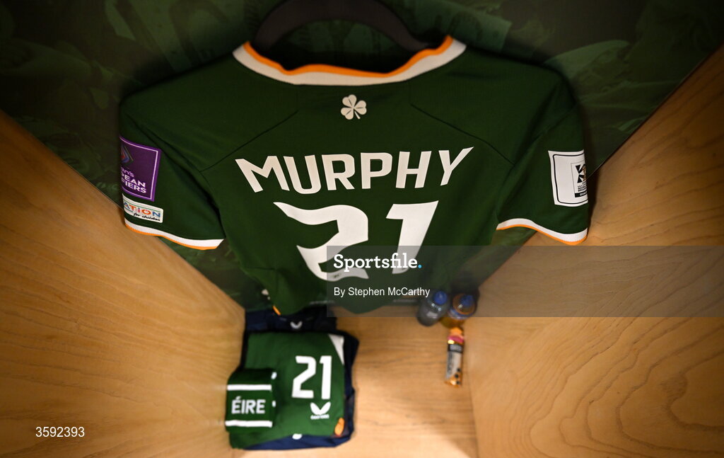 13 October 2026; The jersey of Emily Murphy of Republic of Ireland is seen in the dressing room before the 2027 FIFA Women’s World Cup qualifying round 1 play-off second leg match between Republic of Ireland and Kazakhstan at SuperValu Páirc Uí Chaoimh in Cork. Photo by Stephen McCarthy/Sportsfile