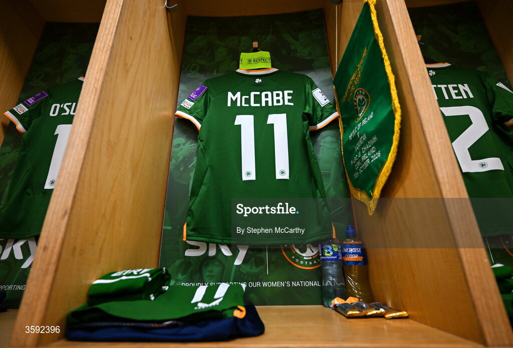 13 October 2026; The jersey and pennant of Republic of Ireland captain Katie McCabe is seen in the dressing room before the 2027 FIFA Women’s World Cup qualifying round 1 play-off second leg match between Republic of Ireland and Kazakhstan at SuperValu Páirc Uí Chaoimh in Cork. Photo by Stephen McCarthy/Sportsfile