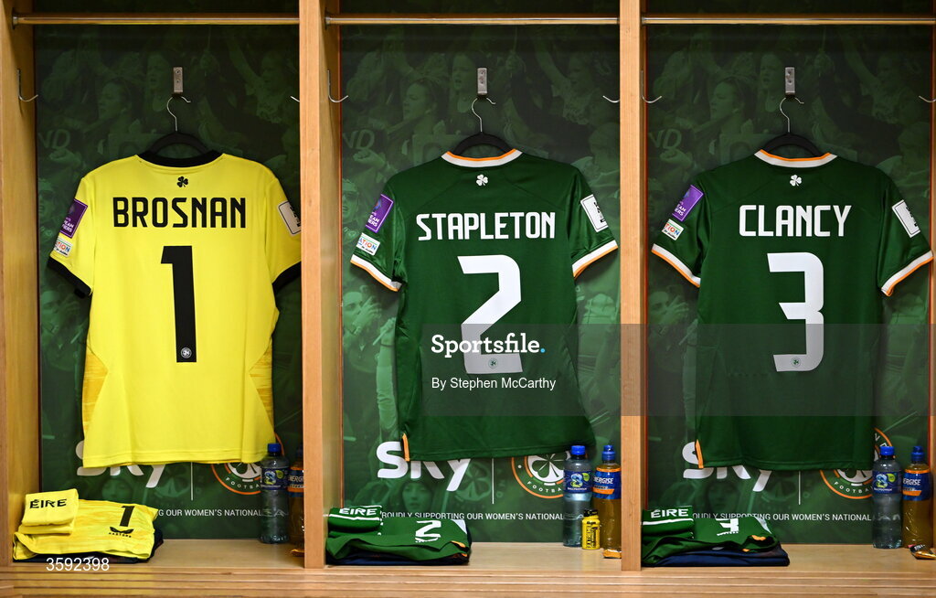 13 October 2026; The jerseys of, from left, Republic of Ireland goalkeeper Courtney Brosnan, Jessie Stapleton and Aoibheann Clancy are seen in the dressing room before the 2027 FIFA Women’s World Cup qualifying round 1 play-off second leg match between Republic of Ireland and Kazakhstan at SuperValu Páirc Uí Chaoimh in Cork. Photo by Stephen McCarthy/Sportsfile