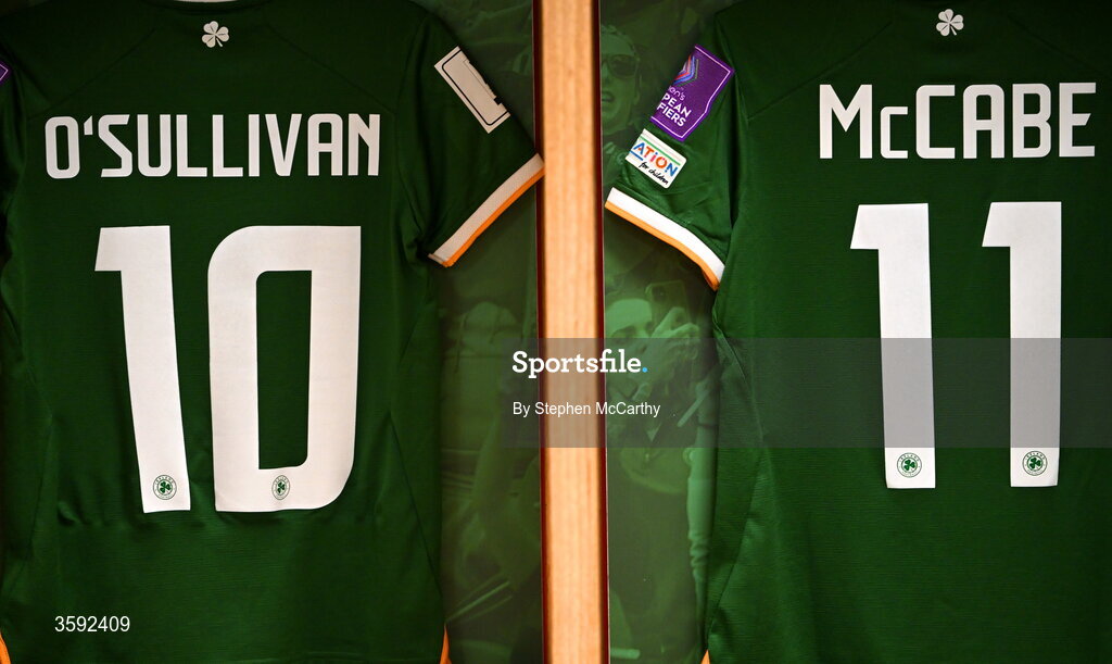 13 October 2026; The jerseys of Republic of Ireland captain Katie McCabe, right, and Denise O’Sullivan are seen in the dressing room before the 2027 FIFA Women’s World Cup qualifying round 1 play-off second leg match between Republic of Ireland and Kazakhstan at SuperValu Páirc Uí Chaoimh in Cork. Photo by Stephen McCarthy/Sportsfile