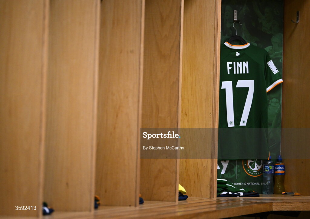 13 October 2026; The jersey of Jamie Finn of Republic of Ireland is seen in the dressing room before the 2027 FIFA Women’s World Cup qualifying round 1 play-off second leg match between Republic of Ireland and Kazakhstan at SuperValu Páirc Uí Chaoimh in Cork. Photo by Stephen McCarthy/Sportsfile