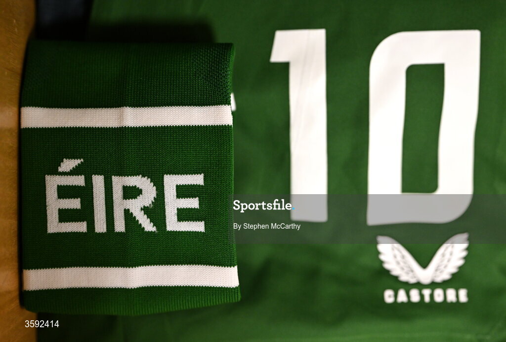 13 October 2026; A detailed view of the shorts and socks of Denise O’Sullivan of Republic of Ireland in the dressing room before the 2027 FIFA Women’s World Cup qualifying round 1 play-off second leg match between Republic of Ireland and Kazakhstan at SuperValu Páirc Uí Chaoimh in Cork. Photo by Stephen McCarthy/Sportsfile