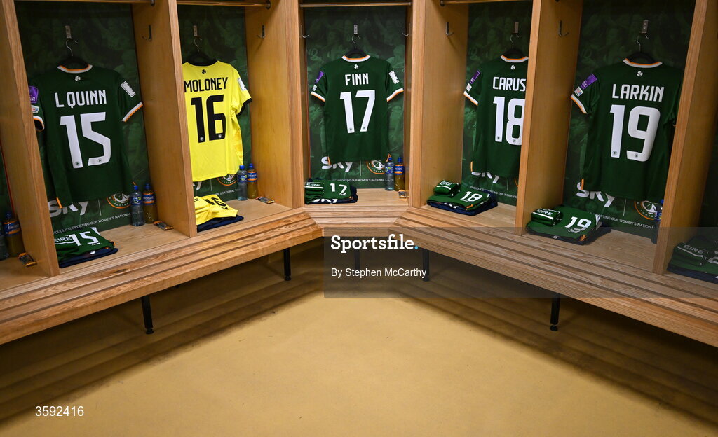 13 October 2026; The Republic of Ireland jerseys of, from left, Lucy Quinn, goalkeeper Grace Moloney, Jamie Finn, Kyra Carusa and Abbie Larkin are seen in the dressing room before the 2027 FIFA Women’s World Cup qualifying round 1 play-off second leg match between Republic of Ireland and Kazakhstan at SuperValu Páirc Uí Chaoimh in Cork. Photo by Stephen McCarthy/Sportsfile