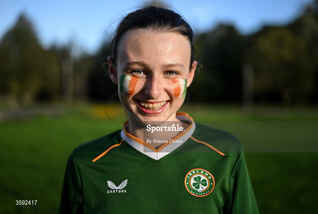 13 October 2026; Republic of Ireland supporter Aoibhinn Hickey from Roscommon before the 2027 FIFA Women’s World Cup qualifying round 1 play-off second leg match between the Republic of Ireland and Kazakhstan at Páirc Uí Chaoimh in Cork. Photo by Shauna Clinton/Sportsfile
