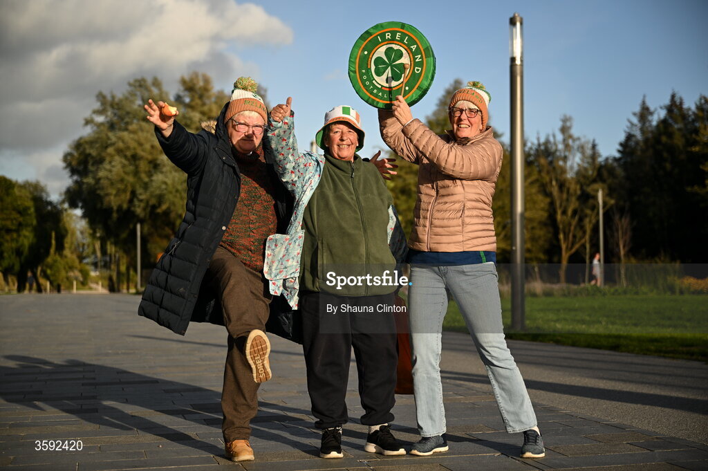 13 October 2026; Republic of Ireland supporters, from left, Rita Hehir, from Clare, Josephine O'Connor, from Tipperary, and Patricia Donlon, from Clare, before the 2027 FIFA Women’s World Cup qualifying round 1 play-off second leg match between the Republic of Ireland and Kazakhstan at Páirc Uí Chaoimh in Cork. Photo by Shauna Clinton/Sportsfile