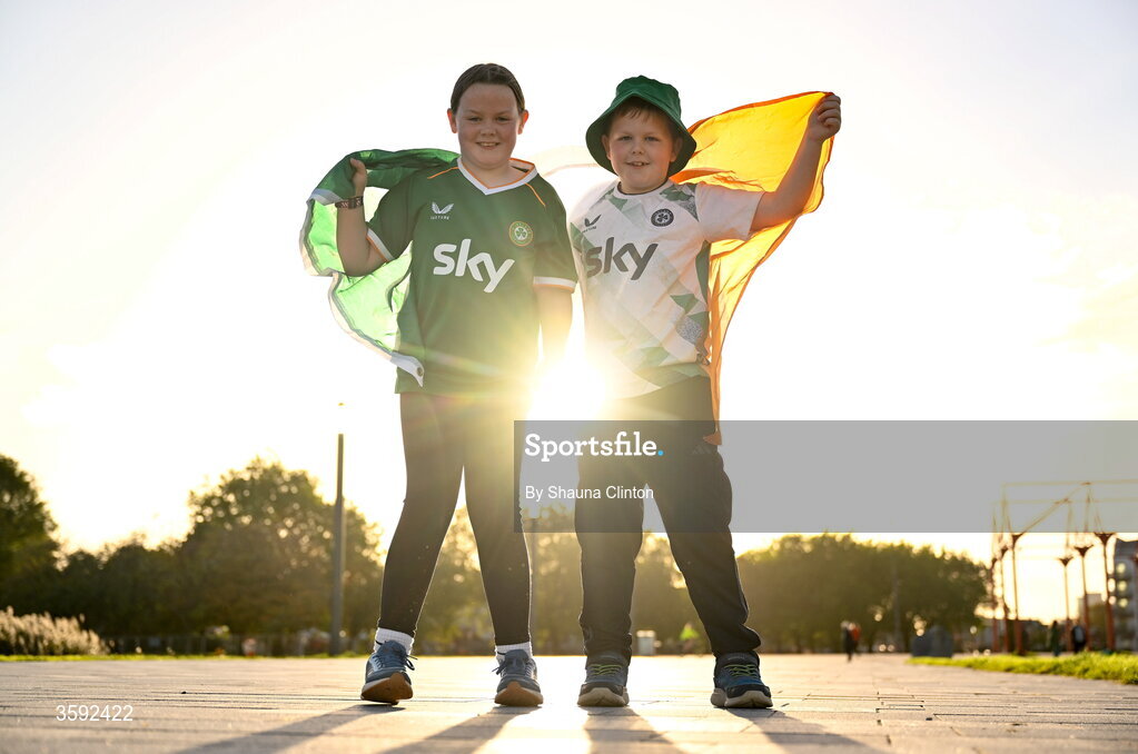 13 October 2026; Republic of Ireland supporters Orlaith, left, and Connor Long, from Cork, before the 2027 FIFA Women’s World Cup qualifying round 1 play-off second leg match between the Republic of Ireland and Kazakhstan at Páirc Uí Chaoimh in Cork. Photo by Shauna Clinton/Sportsfile