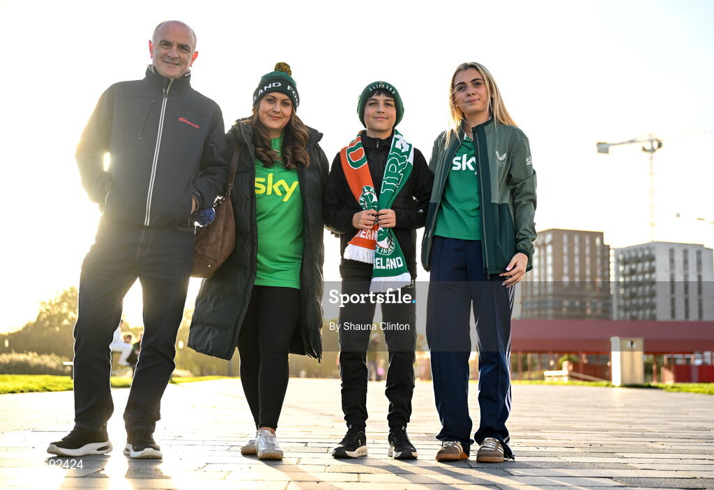 13 October 2026; Republic of Ireland supporters, from left, Pat, Clare, Ryan, Orlaith Browne, from Limerick, before the 2027 FIFA Women’s World Cup qualifying round 1 play-off second leg match between the Republic of Ireland and Kazakhstan at Páirc Uí Chaoimh in Cork. Photo by Shauna Clinton/Sportsfile