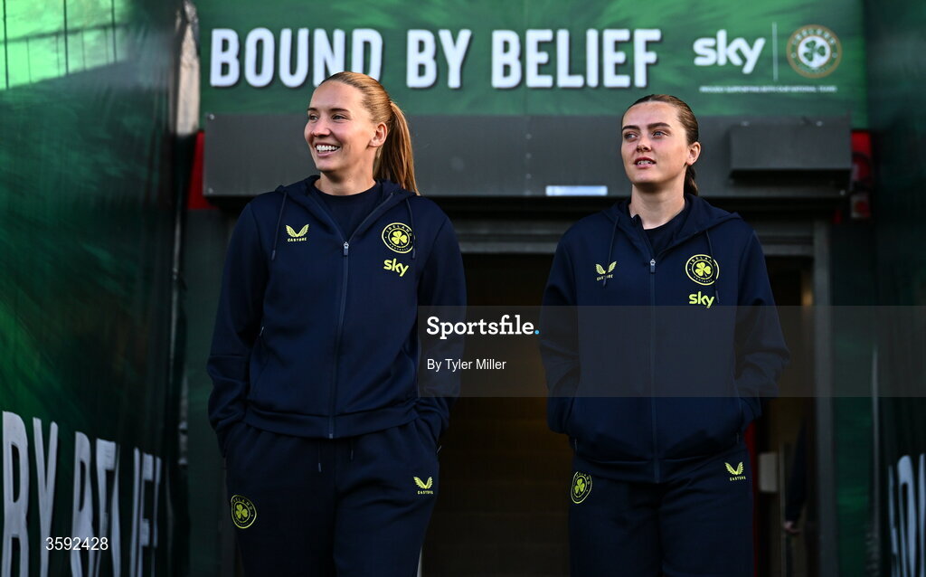 13 October 2026; Republic of Ireland goalkeeper Sophie Whitehouse, left, and Tyler Toland of Republic of Ireland before the 2027 FIFA Women’s World Cup qualifying round 1 play-off second leg match between the Republic of Ireland and Kazakhstan at Páirc Uí Chaoimh in Cork. Photo by Tyler Miller/Sportsfile