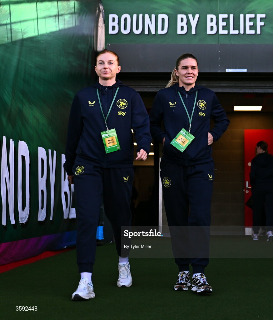 13 October 2026; Hayley Nolan, left, and Jamie Finn of Republic of Ireland before the 2027 FIFA Women’s World Cup qualifying round 1 play-off second leg match between the Republic of Ireland and Kazakhstan at Páirc Uí Chaoimh in Cork. Photo by Tyler Miller/Sportsfile