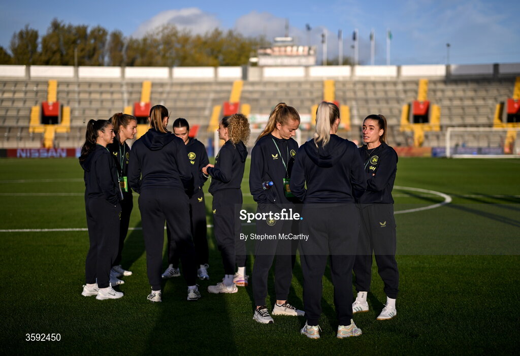 13 October 2026; Republic of Ireland players, including Chloe Mustaki, inspect the pitch before the 2027 FIFA Women’s World Cup qualifying round 1 play-off second leg match between Republic of Ireland and Kazakhstan at SuperValu Páirc Uí Chaoimh in Cork. Photo by Stephen McCarthy/Sportsfile