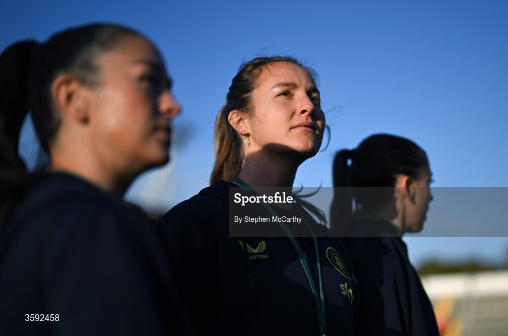 13 October 2026; Republic of Ireland players, from left, Marissa Sheva, Kyra Carusa and Abbie Larkin before the 2027 FIFA Women’s World Cup qualifying round 1 play-off second leg match between Republic of Ireland and Kazakhstan at SuperValu Páirc Uí Chaoimh in Cork. Photo by Stephen McCarthy/Sportsfile