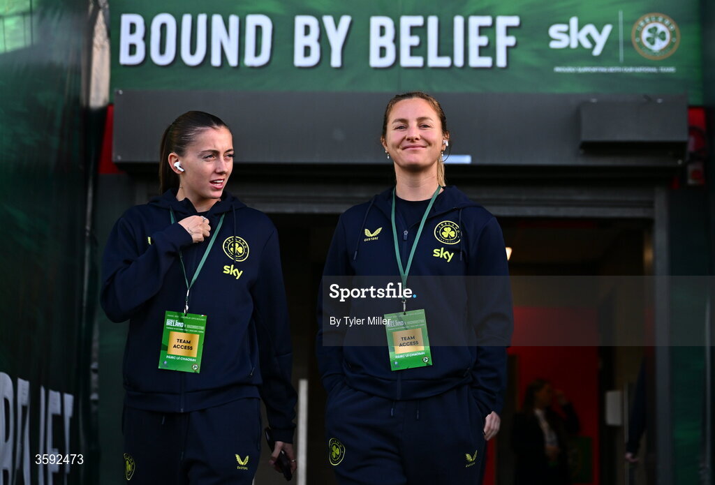13 October 2026; Abbie Larkin, left, and Kyra Carusa of Republic of Ireland before the 2027 FIFA Women’s World Cup qualifying round 1 play-off second leg match between the Republic of Ireland and Kazakhstan at Páirc Uí Chaoimh in Cork. Photo by Tyler Miller/Sportsfile