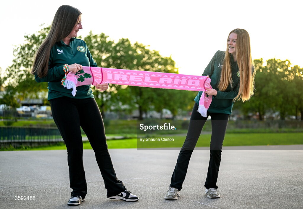 13 October 2026; Republic of Ireland supporters Lucy Walsh, left, and Sarah Drumcongle before the 2027 FIFA Women’s World Cup qualifying round 1 play-off second leg match between the Republic of Ireland and Kazakhstan at Páirc Uí Chaoimh in Cork. Photo by Shauna Clinton/Sportsfile