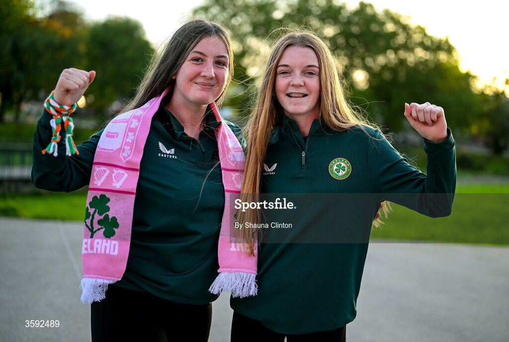 13 October 2026; Republic of Ireland supporters Lucy Walsh, left, and Sarah Drumcongle before the 2027 FIFA Women’s World Cup qualifying round 1 play-off second leg match between the Republic of Ireland and Kazakhstan at Páirc Uí Chaoimh in Cork. Photo by Shauna Clinton/Sportsfile
