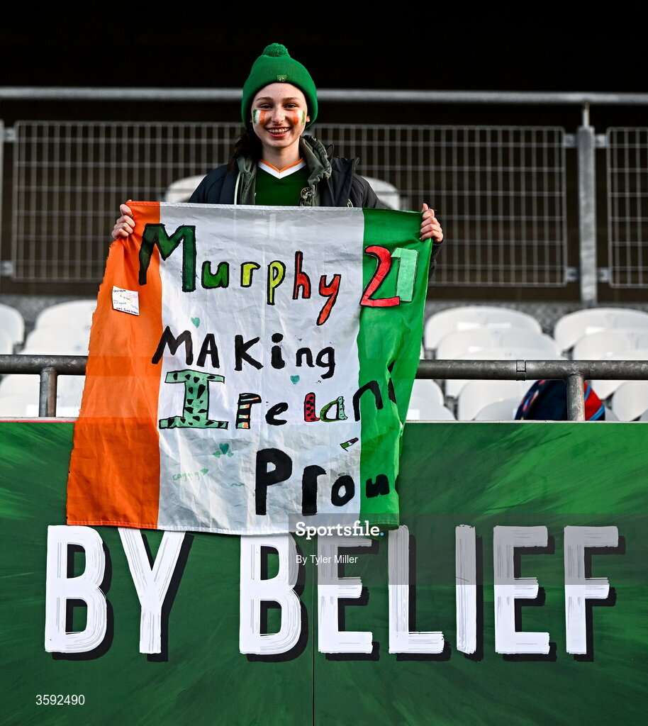 13 October 2026; Republic of Ireland supporter Aoibhin Hickey from Roscommon, the 2027 FIFA Women’s World Cup qualifying round 1 play-off second leg match between the Republic of Ireland and Kazakhstan at Páirc Uí Chaoimh in Cork. Photo by Tyler Miller/Sportsfile