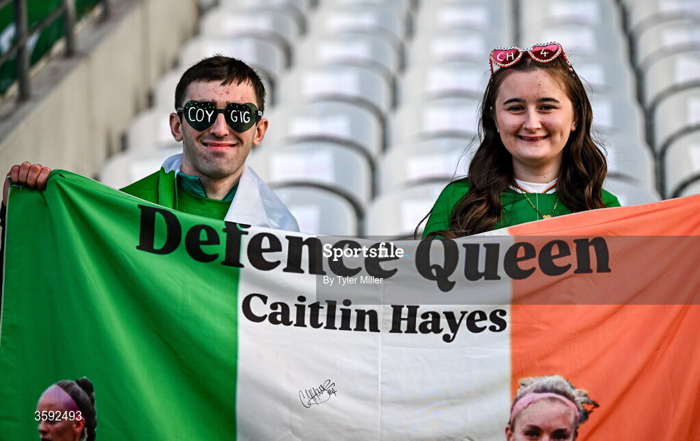 13 October 2026; Republic of Ireland supporters Calvin and Rhianna Fizgerald, from Westmeath, before the 2027 FIFA Women’s World Cup qualifying round 1 play-off second leg match between the Republic of Ireland and Kazakhstan at Páirc Uí Chaoimh in Cork. Photo by Tyler Miller/Sportsfile