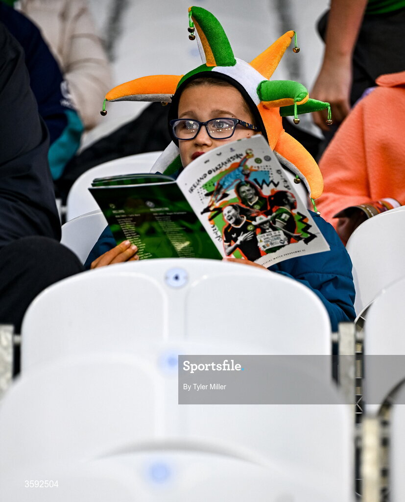 13 October 2026; Republic of Ireland supporter Josh Kelleher studies the programme before the 2027 FIFA Women’s World Cup qualifying round 1 play-off second leg match between the Republic of Ireland and Kazakhstan at Páirc Uí Chaoimh in Cork. Photo by Tyler Miller/Sportsfile