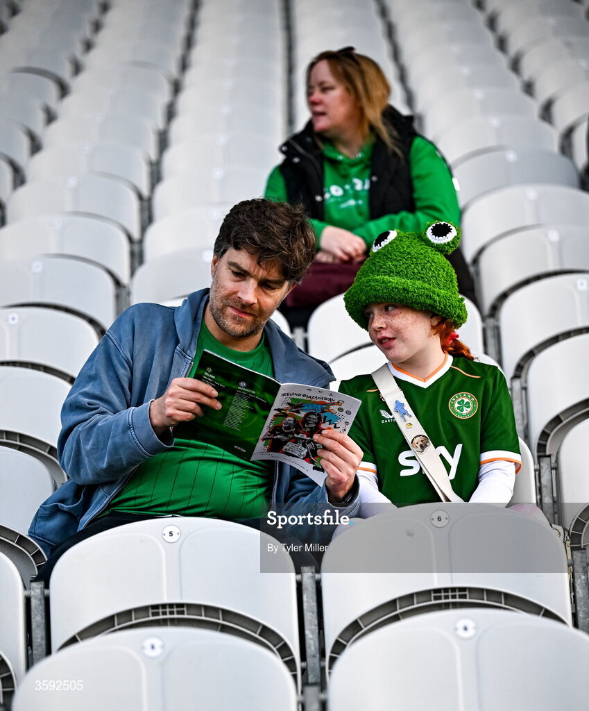 13 October 2026; Republic of Ireland supporters inspect the programme before the 2027 FIFA Women’s World Cup qualifying round 1 play-off second leg match between the Republic of Ireland and Kazakhstan at Páirc Uí Chaoimh in Cork. Photo by Tyler Miller/Sportsfile