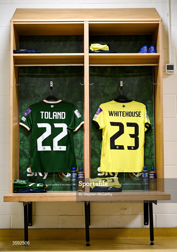 13 October 2026; The Republic of Ireland jerseys of Tyler Toland and goalkeeper Sophie Whitehouse are seen in the dressing room before the 2027 FIFA Women’s World Cup qualifying round 1 play-off second leg match between Republic of Ireland and Kazakhstan at SuperValu Páirc Uí Chaoimh in Cork. Photo by Stephen McCarthy/Sportsfile