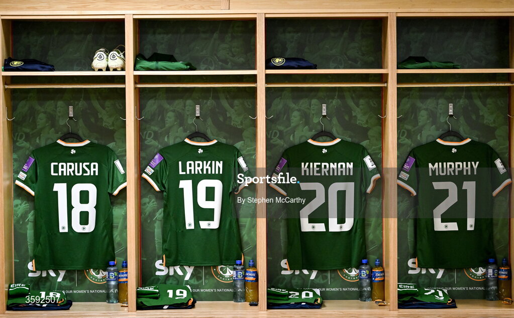 13 October 2026; The Republic of Ireland jerseys of, from left, Kyra Carusa, Abbie Larkin, Leanne Kiernan and Emily Murphy are seen in the dressing room before the 2027 FIFA Women’s World Cup qualifying round 1 play-off second leg match between Republic of Ireland and Kazakhstan at SuperValu Páirc Uí Chaoimh in Cork. Photo by Stephen McCarthy/Sportsfile