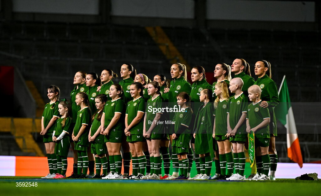 13 October 2026; Republic of Ireland players stand for Amhrán na bhFiann before the 2027 FIFA Women’s World Cup qualifying round 1 play-off second leg match between the Republic of Ireland and Kazakhstan at Páirc Uí Chaoimh in Cork. Photo by Tyler Miller/Sportsfile