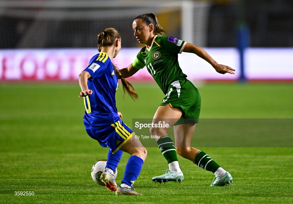 13 October 2026; Katie McCabe of Republic of Ireland in action against Anastassiya Nizamutdinova of Kazakhstan during the 2027 FIFA Women’s World Cup qualifying round 1 play-off second leg match between the Republic of Ireland and Kazakhstan at Páirc Uí Chaoimh in Cork. Photo by Tyler Miller/Sportsfile