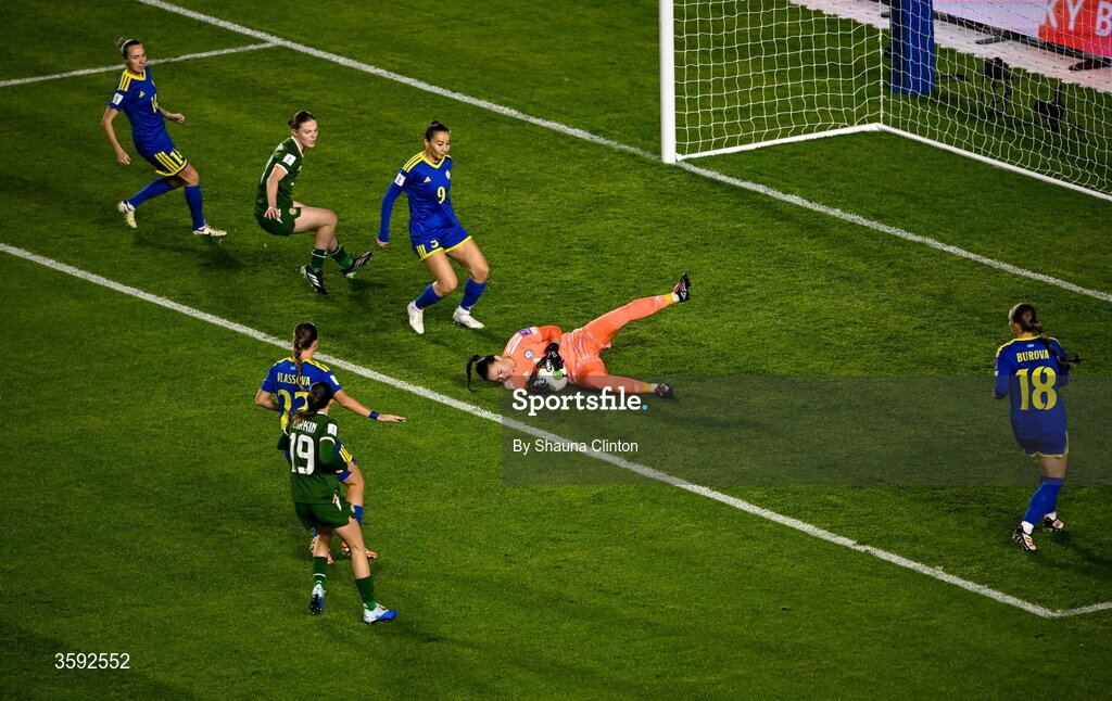 13 October 2026; Kazakhstan goalkeeper Angelina Portnova makes a save during the 2027 FIFA Women’s World Cup qualifying round 1 play-off second leg match between the Republic of Ireland and Kazakhstan at Páirc Uí Chaoimh in Cork. Photo by Shauna Clinton/Sportsfile